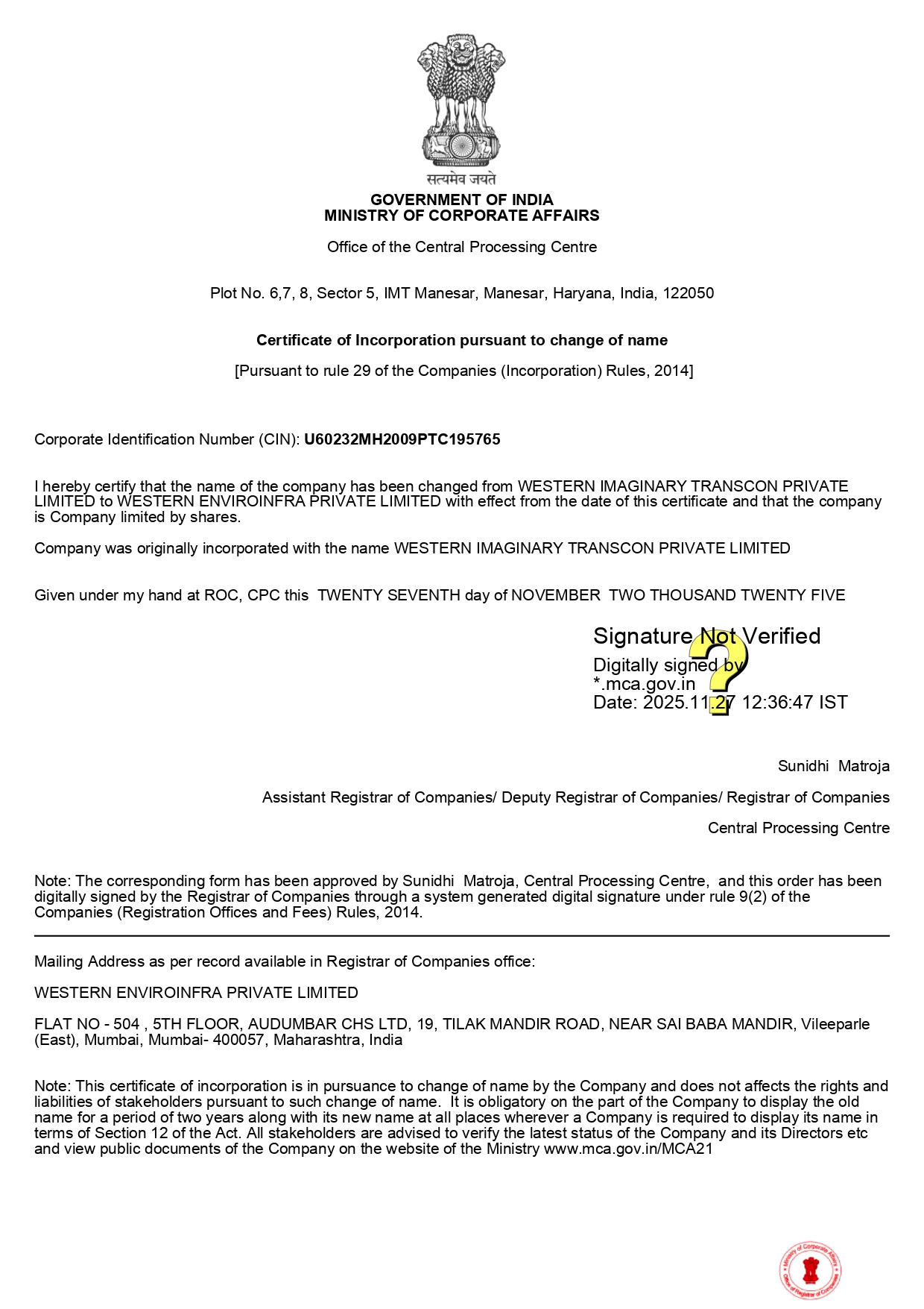 Certificate of Incorporation Change of Name Western Enviroinfra Private Limited